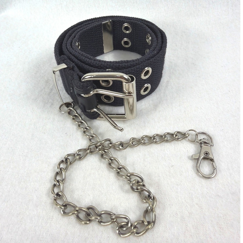 Black Canvas Double Grommet Belt Silver Wallet Chain Punk Grunge Emo Rocker